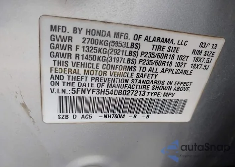 2013 Honda Pilot Ex-L z USA, uszkodzony, nr VIN 5FNYF3H54DB027213